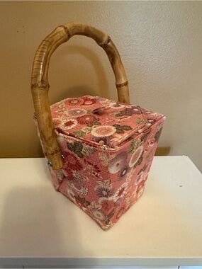 Vintage Chinese takeout purse with pink floral and bamboo handle